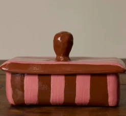 Pierce & Ward BUTTER DISH IN TERRACOTTA WITH PINK STRIPE | Kitchen | Gifts