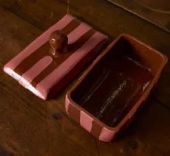 Pierce & Ward BUTTER DISH IN TERRACOTTA WITH PINK STRIPE | Kitchen | Gifts