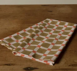 Pierce & Ward CHECKERBOARD BLOCK PRINT TEA TOWEL IN OLIVE AND RED | Kitchen