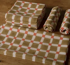 Pierce & Ward CHECKERBOARD BLOCK PRINT TEA TOWEL IN OLIVE AND RED | Kitchen