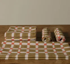 Pierce & Ward CHECKERBOARD BLOCK PRINT TEA TOWEL IN OLIVE AND RED | Kitchen