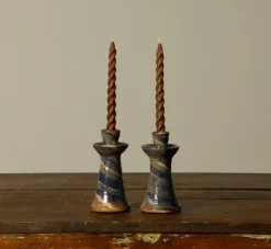 Pierce & Ward EARTHENWARE FOLK ART CELESTE SWIRL CANDLESTICK HOLDERS | Ceramics | Candlesticks & Candles
