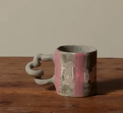 Pierce & Ward GREEN MARBLE WIGGLE MUG WITH PINK STRIPE | Kitchen