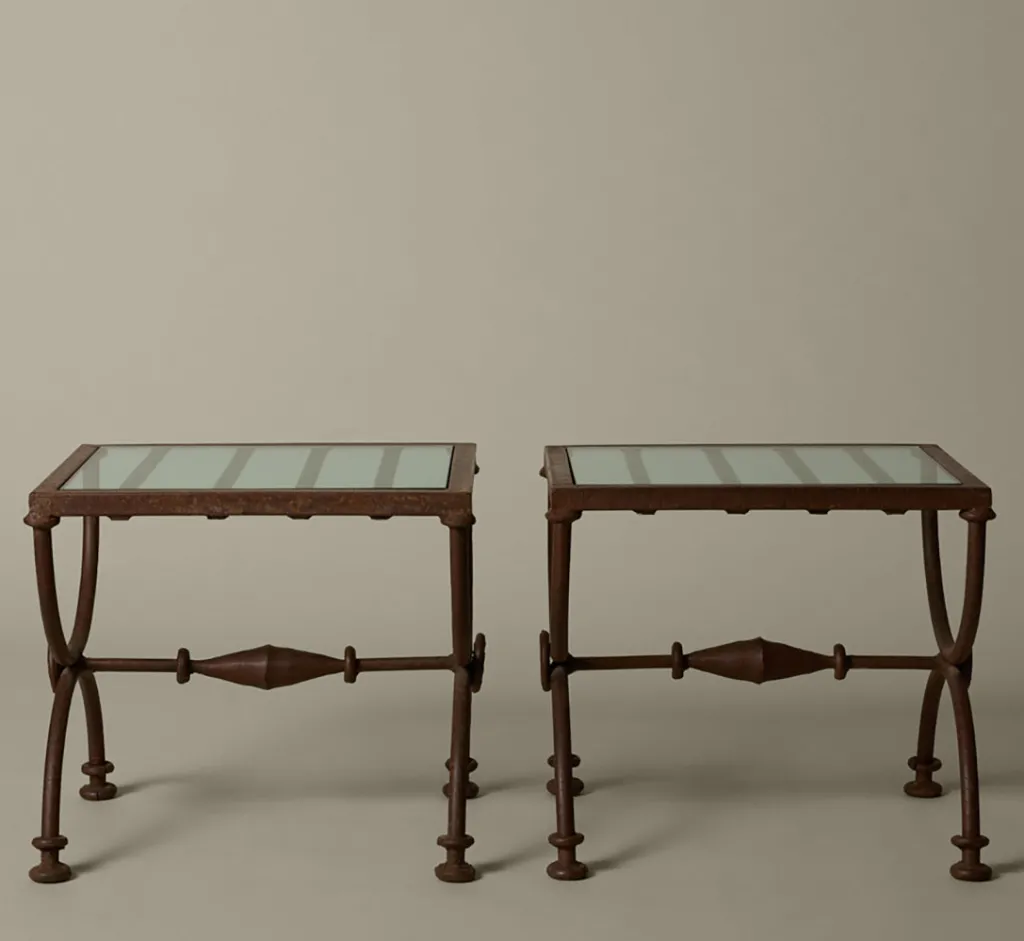 Pierce & Ward PAIR OF FRENCH OXIDIZED IRON SIDE TABLES WITH GLASS TOP | Furniture
