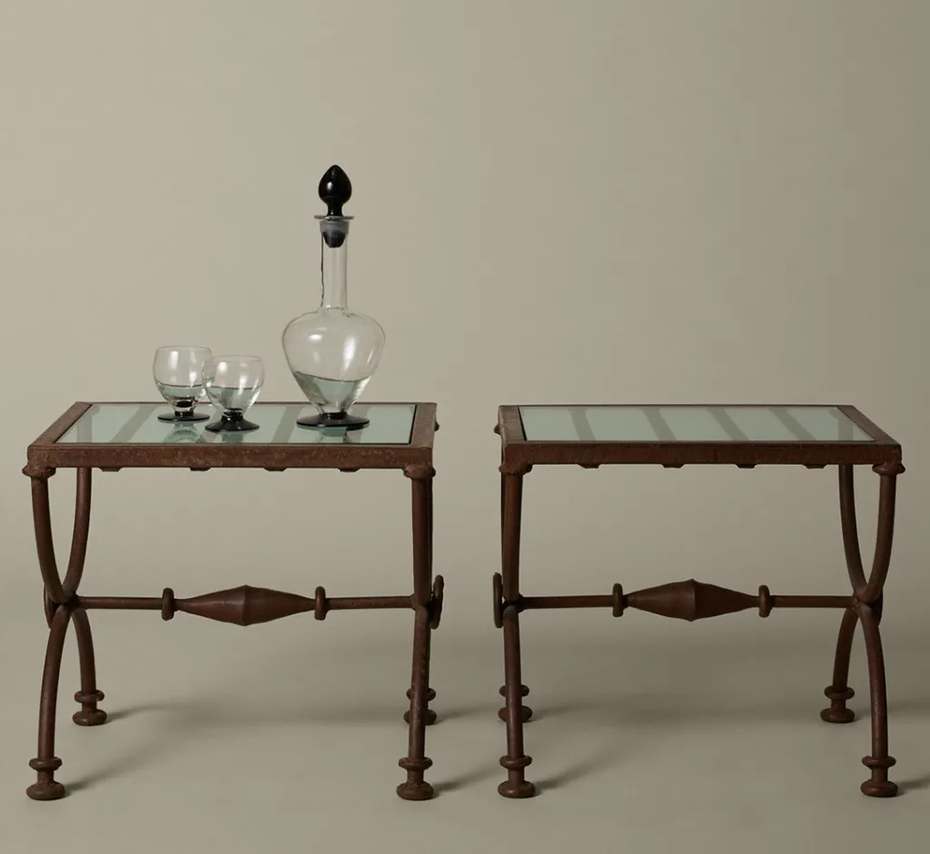 Pierce & Ward PAIR OF FRENCH OXIDIZED IRON SIDE TABLES WITH GLASS TOP | Furniture