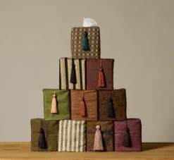 Pierce & Ward TAUPE AND LAKE CHECK VINTAGE SILK TISSUE BOX COVER | Pierce & Ward Collection