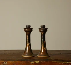 Pierce & Ward TALL VINTAGE EARTHENWARE FOLK ART CANDLESTICK HOLDERS | Ceramics | Candlesticks & Candles