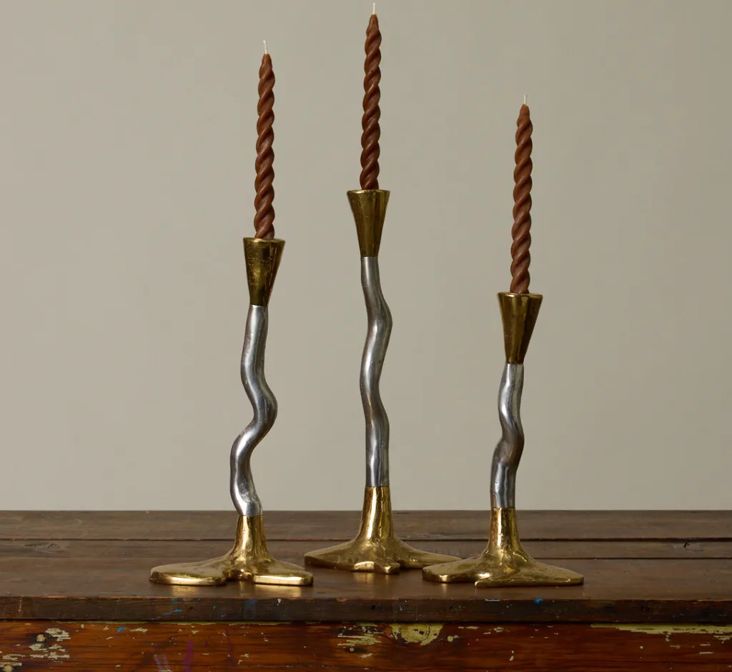 Pierce & Ward VINTAGE SET OF 3 DAVID MARSHALL CANDLESTICKS IN ALUMINUM AND BRASS | Candlesticks & Candles