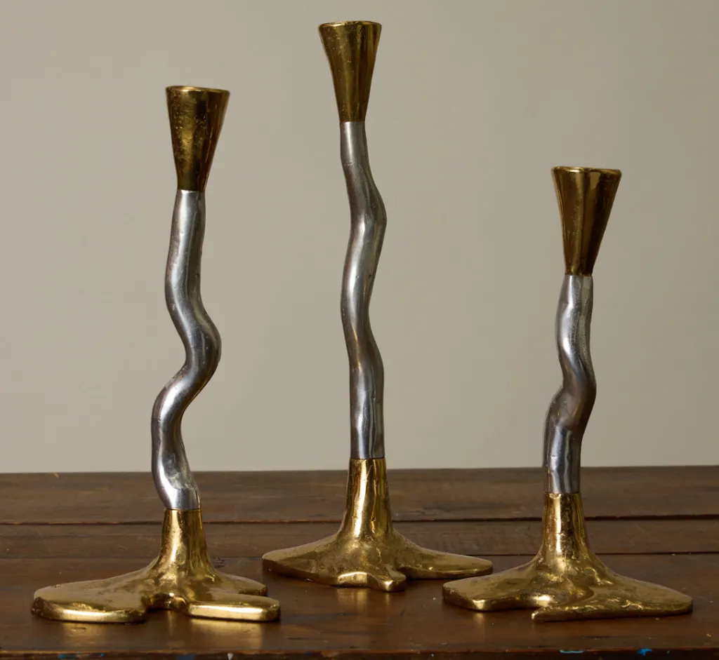 Pierce & Ward VINTAGE SET OF 3 DAVID MARSHALL CANDLESTICKS IN ALUMINUM AND BRASS | Candlesticks & Candles
